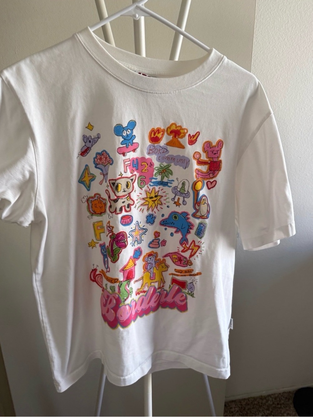 White Graphic Short Sleeve Tee with Colorful Cartoon Print